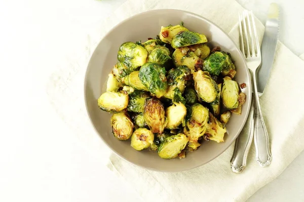 Homemade Roasted Brussel Sprouts Salt Pepper Onions Light Background Top — Stock Photo, Image