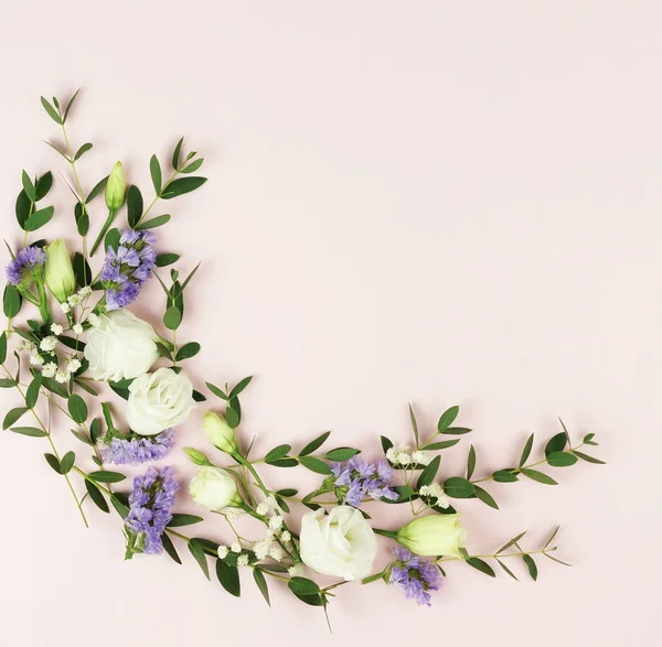 Цветы Фон Рамка Венка Зеленых Эвкалиптовых Ветвей Белых Фиолетовых Цветов — стоковое фото