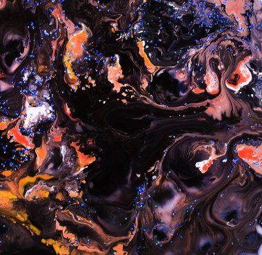 Soyut suluboya mermer siyah mavi sarı renk boya ve altın glitter arka plan. Mermer desenli akrilik doku