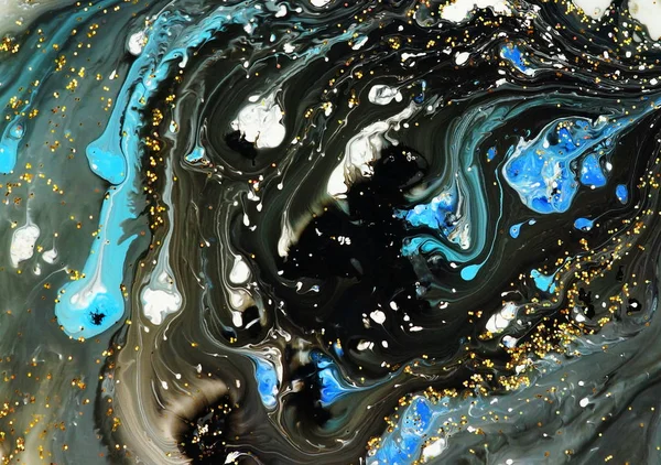 Peinture Abstraite Aquarelle Marbre Noir Bleu Blanc Fond Pailleté Texture — Photo