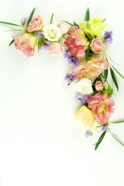 Flowers Background Wreath Frame Made Pink Purple Flowers Eucalyptus Branches — Stock Photo, Image