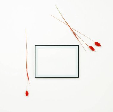 Fotoğraf çerçevesi beyaz siyah renk mockup ve beyaz arka plan üzerinde kuru kırmızı ikizler. Soyut. Minimalizm. Uzay kopyalayın. Üstten Görünüm. düz lay