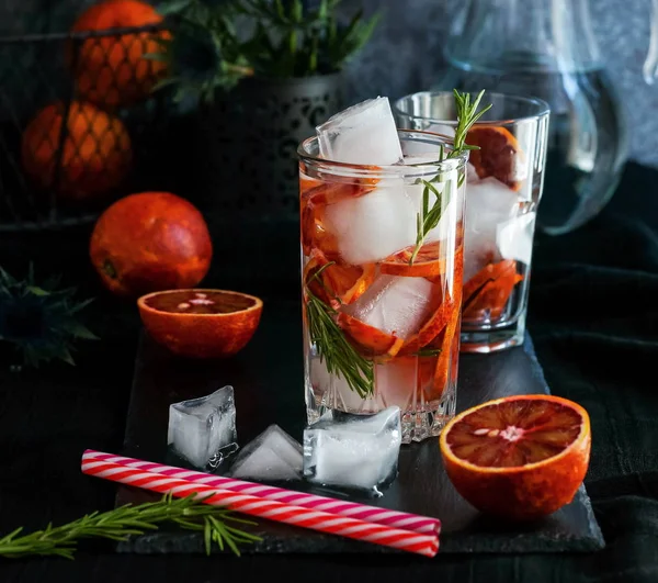 Detox Water Refreshing Cocktail Red Blood Orange Ice Rosemary Dark — Stock Photo, Image