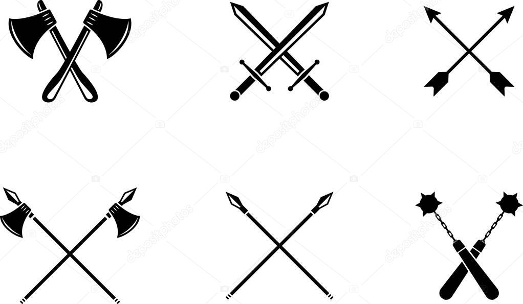 Black emblem of medieval weapons. Medieval black symbol