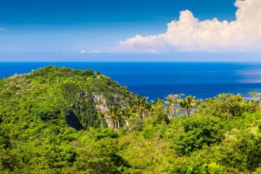 güneşli yaz gün, yeşil ağaçlar ile tepede irtifa gelen Deniz Manzaralı