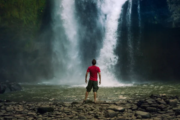 genç adam backpacker ormanlarda şelale bakarak