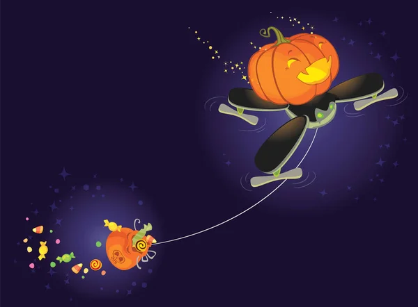 Abóbora de Halloween bonito voando em um zangão e coletando doces — Vetor de Stock