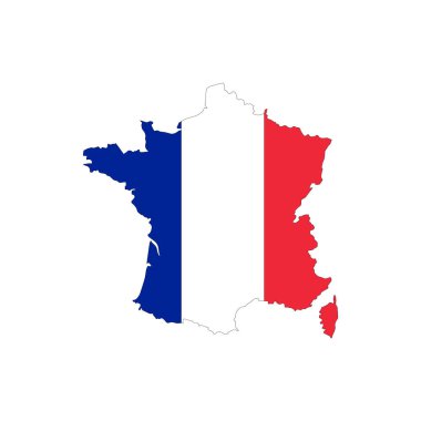 Fransa haritası. Vektör tasarımı beyaz arkaplanda izole edildi. Fransız bayrağı renkleriyle dolu Fransa haritasının şekli.