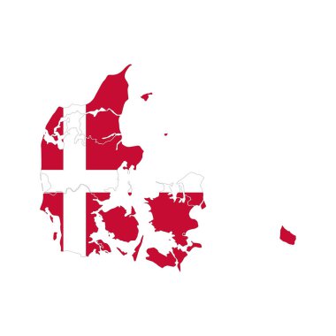 Danimarka haritası. Vektör tasarımı beyaz arkaplanda izole edildi. Danimarka haritasının Danimarka bayrağı renkleriyle dolu şekli.