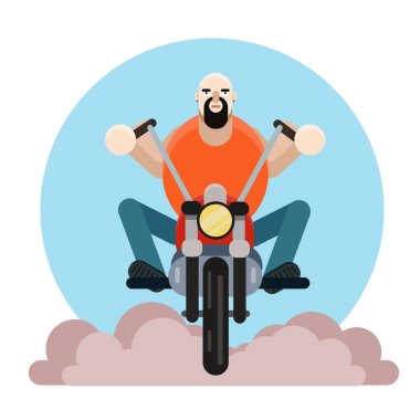 Adam motorcu. Vektör çizim, sakallı adam üstünde motosiklet
