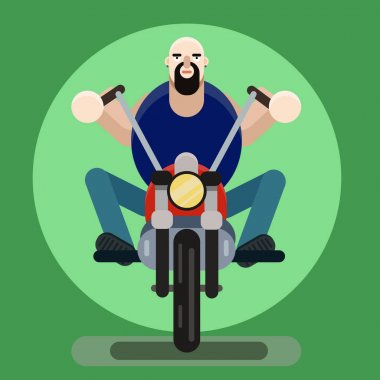Adam motorcu. Vektör çizim, sakallı adam üstünde motosiklet