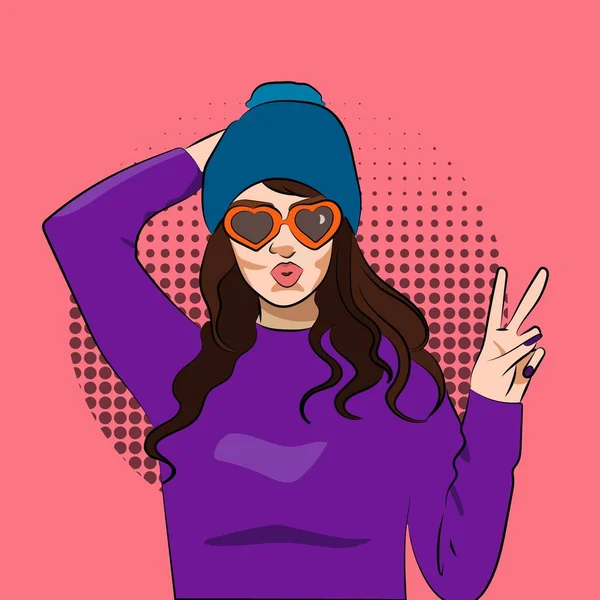Vektorové ilustrace s usměvavou dívkou v ruce svetr, čepice a vítězství — Stockový vektor