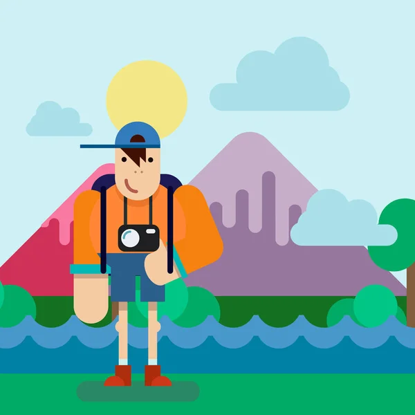 Πεζοπορία τουριστικά άνθρωπος με κάμερα. Φόντο βουνά. — Διανυσματικό Αρχείο