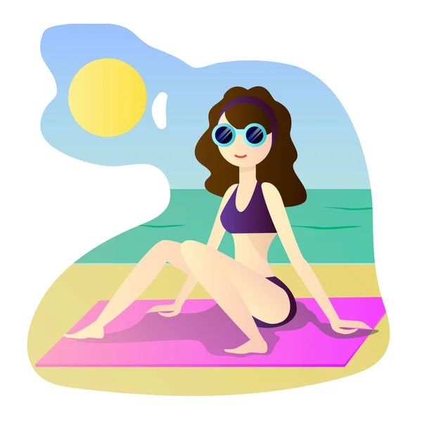 Belle fille en bikini sur une plage, illustration vectorielle, voyage et repos — Image vectorielle