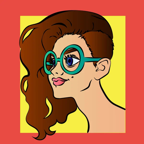 Красива дівчина в окулярах Векторна мультиплікаційна ілюстрація в стилі поп-арт — стоковий вектор