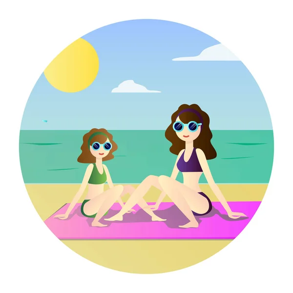 Divertido vector dibujo familia mamá y linda hija en la playa, la naturaleza y el estilo de vida — Vector de stock