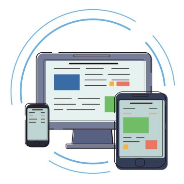 Modern elektronik cihazların. Pc, tablet ve telefon düz stil çizimi. Popüler araçlar kümesi.