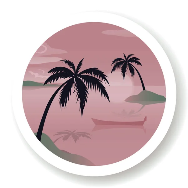 Paisaje marino tropical, islas de siluetas negras con palmeras, nubes, cielo con nubes, sol, barco de madera — Vector de stock