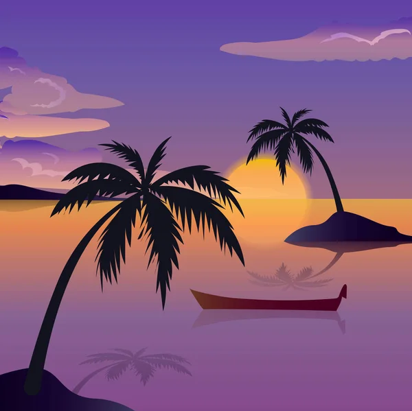 Paisaje marino tropical, islas de siluetas negras con palmeras, nubes, cielo con nubes, sol, barco de madera — Vector de stock