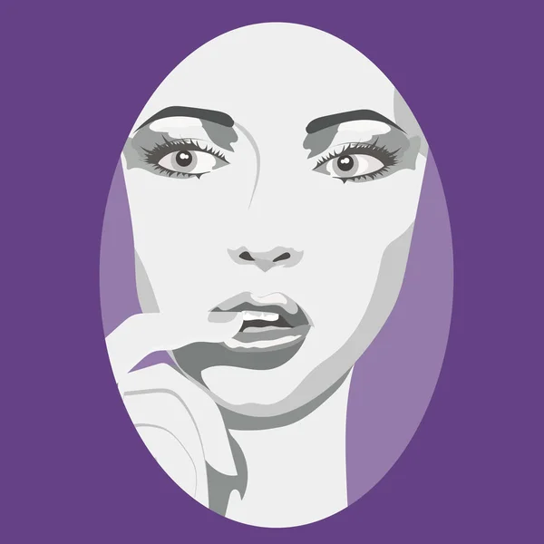 Sexig ung kvinna med fingret i munnen. Gråskaleversion vektor illustration — Stock vektor