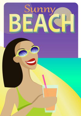 Yaz tatili afiş vektör tasarımı güzel bir genç kadınla bir plajda bir kokteyl yudumlarken