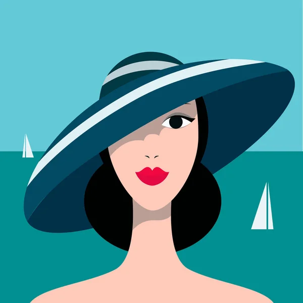 Stylisches schönes Modell für Modedesign. Grafische Illustration im Art Deco-Stil. Porträt eines hübschen Mädchens auf See. — Stockvektor