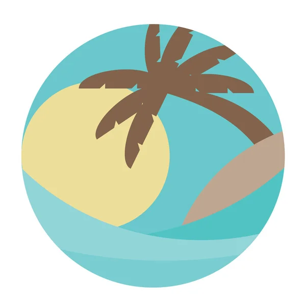 Derruba-os. ilustração vetorial da onda, das palmeiras das ilhas tropicais e do sol —  Vetores de Stock