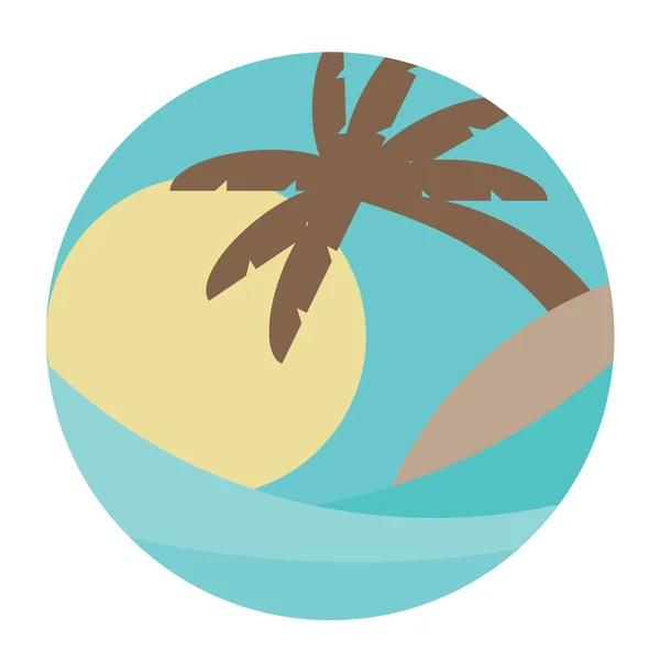 TEMA DE PLAYA. ilustración vectorial de la ola, las palmeras de las islas tropicales y el sol — Vector de stock