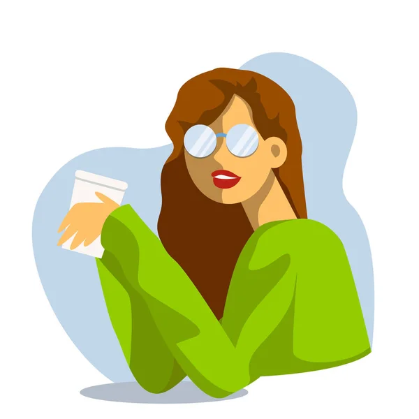 Vektorové ilustrace kreativní kreslený. Mladá žena ráno pije kávu v kanceláři. Dívka v brýlích. — Stockový vektor