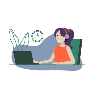 Evde çalışan serbest çalışan bir kız müzik dinliyor.