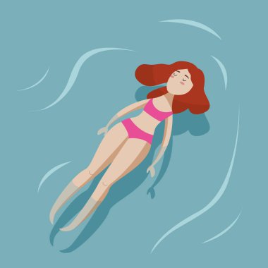 Havuzda yüzen genç ve seksi bir kadınla vektör yaz posteri..