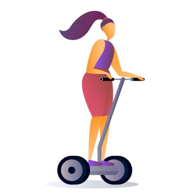 Kız uçan kaykaya biniyor. Düz çizgi film vektörü izole çizimi.