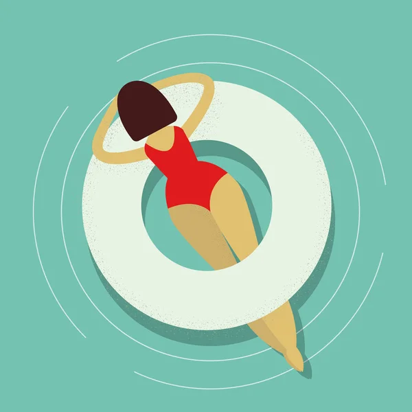 Vrouw liggend terug op opblaasbaar in de zomer bij zwembad — Stockvector