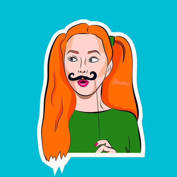 流行艺术的脸。 年轻性感的红头发女人手里拿着狂欢节的胡子面具 — 图库矢量图片
