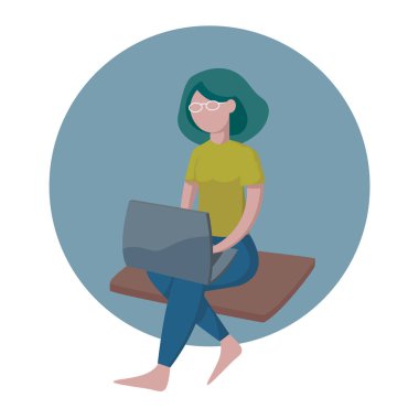 Dizüstü bilgisayarı olan Isome 'lı kız oturuyor. İzometrik vektör izole çizimi.