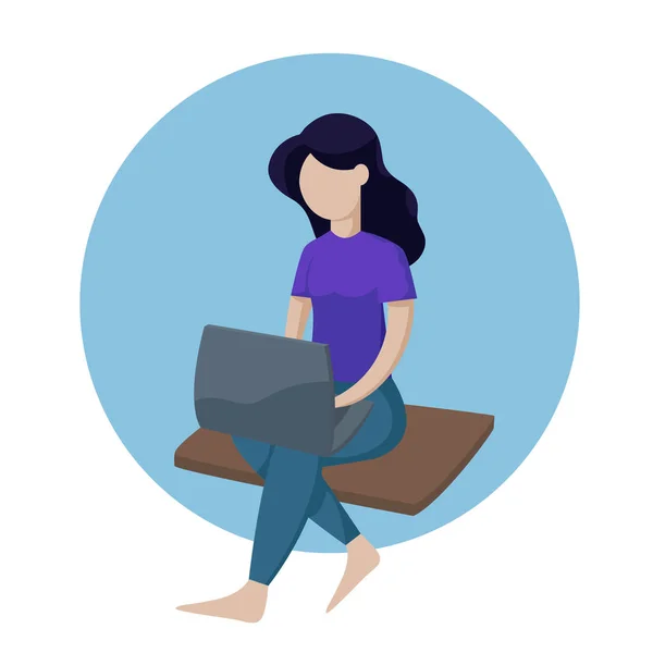 Izometrická dívka se sedícím laptopem. Izometrický vektor izolované ilustrace. — Stockový vektor