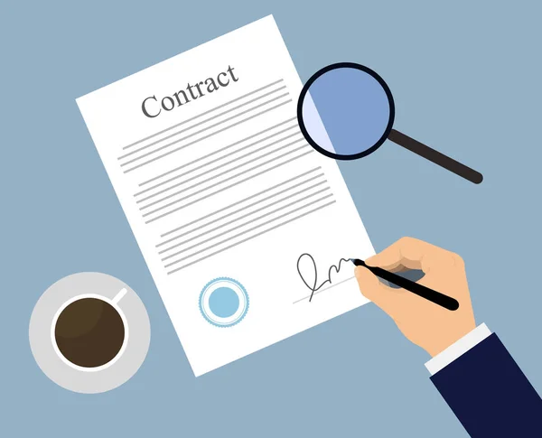 Firma del contrato sobre la mesa — Vector de stock