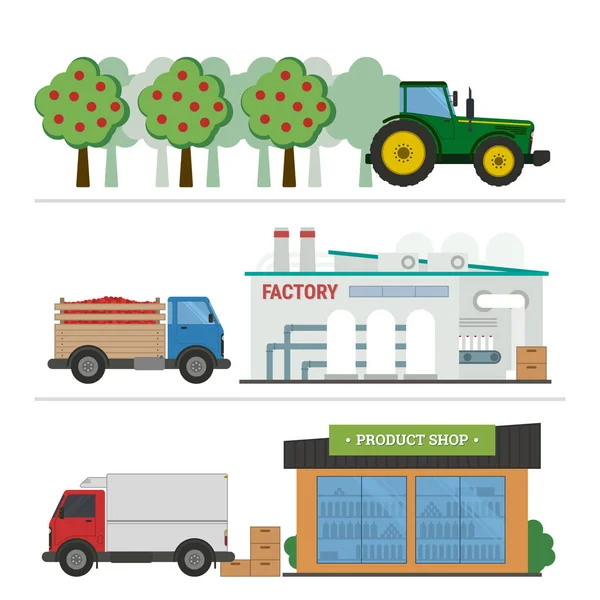 Stages of production and processing of juice — Stock Vector