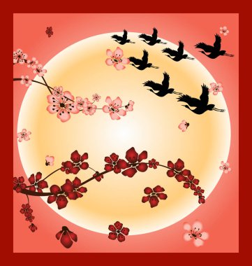 Vinçler yükselen güneşin bir arka plan. Japonya.