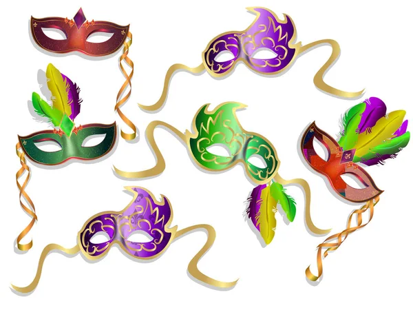 Venetianska målade karnevalen ansikte maskerar samling för part dekoration eller maskerad eller Mardi Gras. Realistisk vektorillustration. — Stock vektor