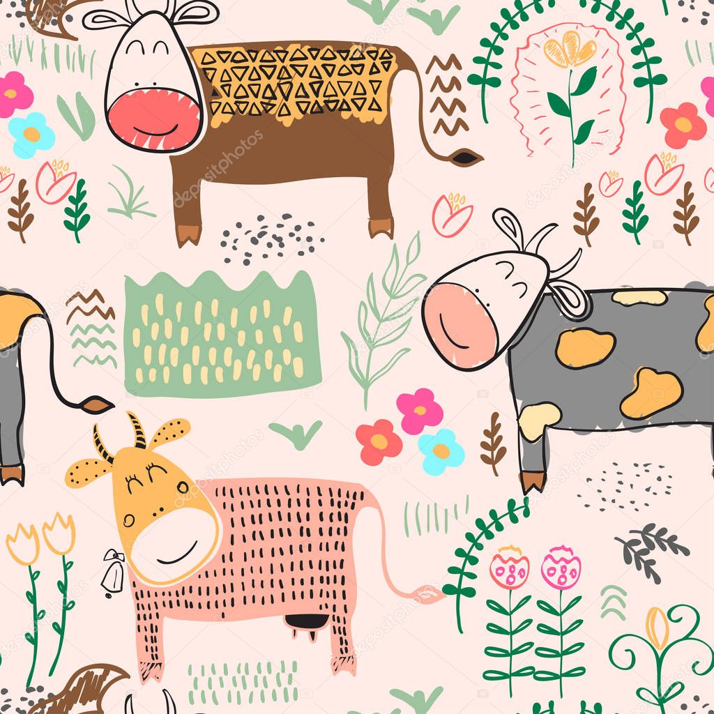 Seamless pattern background with cow. Vector illustration.