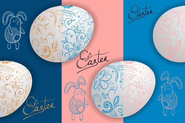 Conjunto de cartão de Páscoa feliz com ovos de Páscoa e saudações . — Vetor de Stock