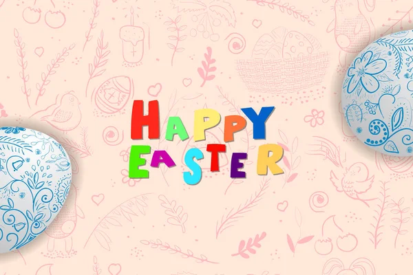 Feliz tarjeta de Pascua con huevos de Pascua y saludos . — Vector de stock