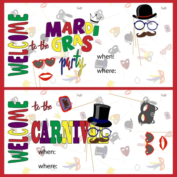 Σύνολο πολύχρωμο Mardi Gras Καρναβάλι Πρόσκληση backgrouns — Διανυσματικό Αρχείο