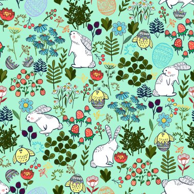 Yumurta, tavuk, tavşan ve çiçeklerle kusursuz Paskalya deseni..