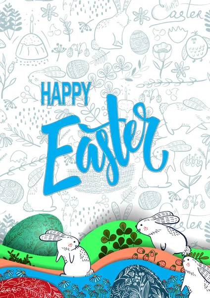 Fondo de Pascua con huevos, pollo, conejo y flores . — Vector de stock