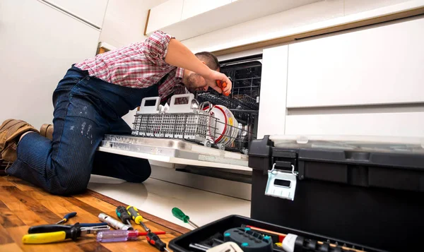 Handyman Repair Dishwasher Kitchen — Stock Photo, Image