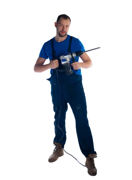 Retrato Joven Trabajador Pie Sobre Fondo Blanco —  Fotos de Stock