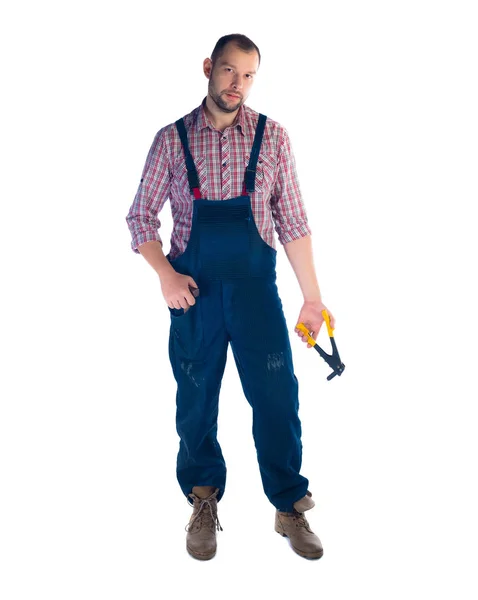 Retrato Joven Trabajador Pie Sobre Fondo Blanco — Foto de Stock