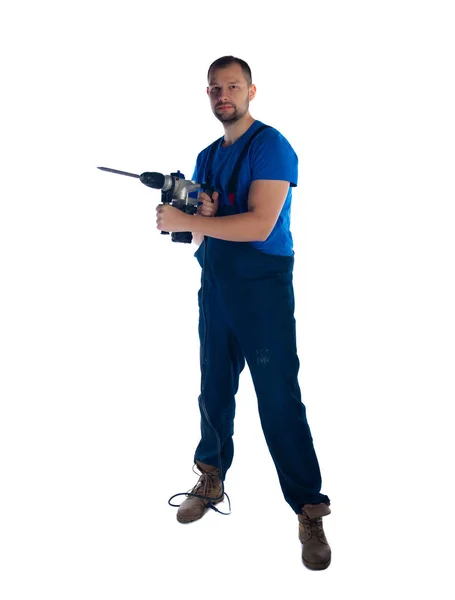 Portrait Handsome Handyman Standing White Background — Stock Photo, Image